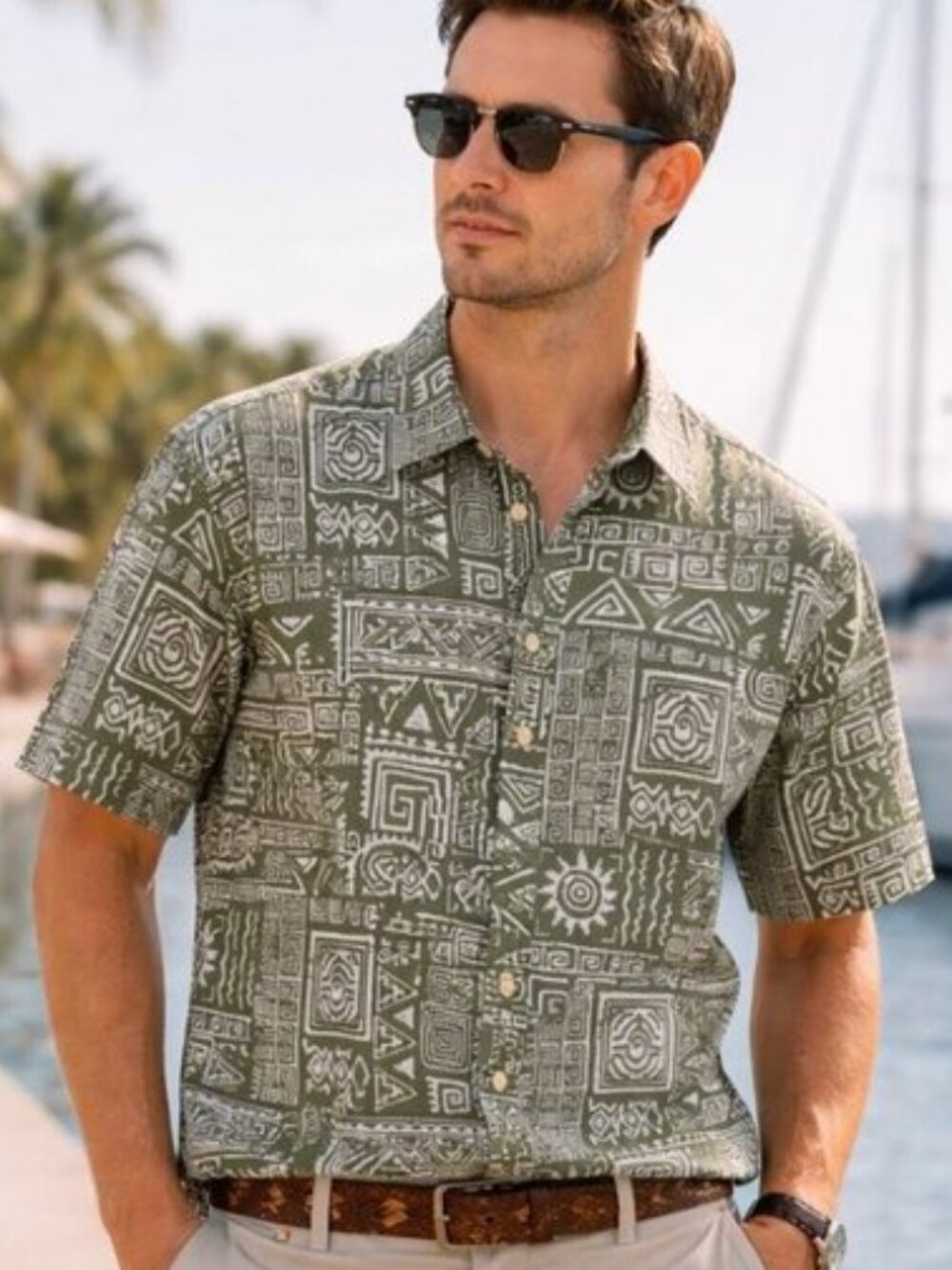 Folk Tribal Print Camp Shirt Men M Olive Green Resort Tropical